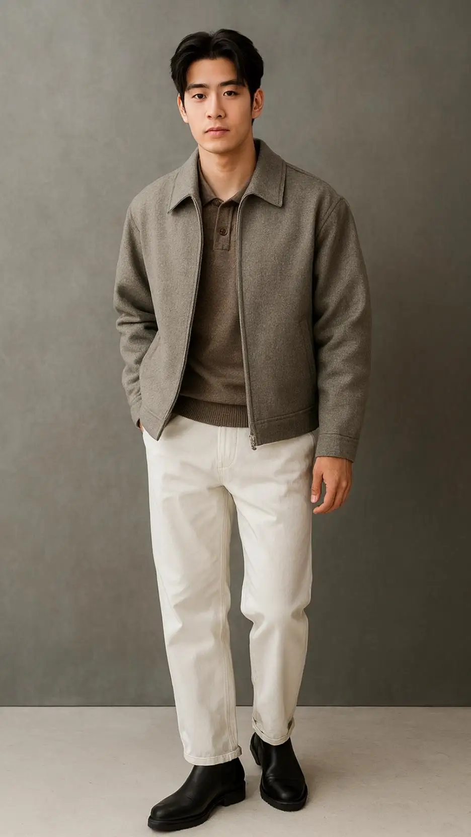 Grey Wool Overshirt Jacket + Taupe Knit Top + Off-White Straight Trousers + Black Leather Chelsea Boots