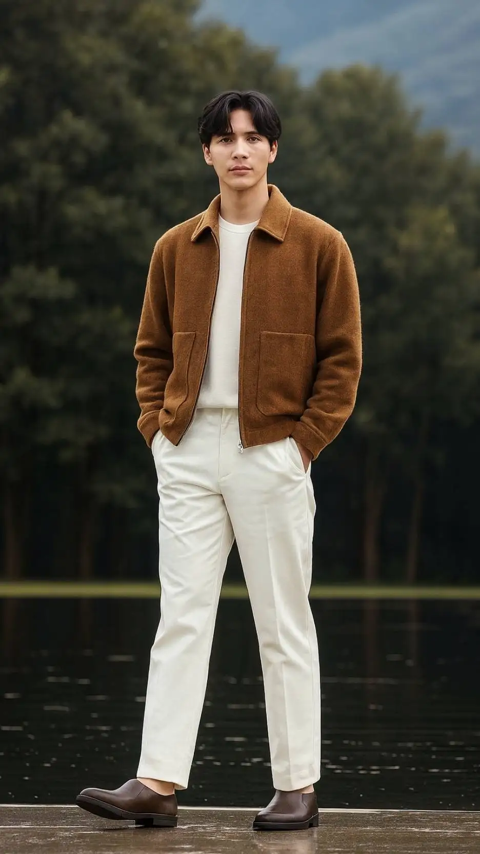 Camel-Brown Wool Zip Jacket + White Tee + Off-White Trousers + Dark-Brown Chelsea Boots