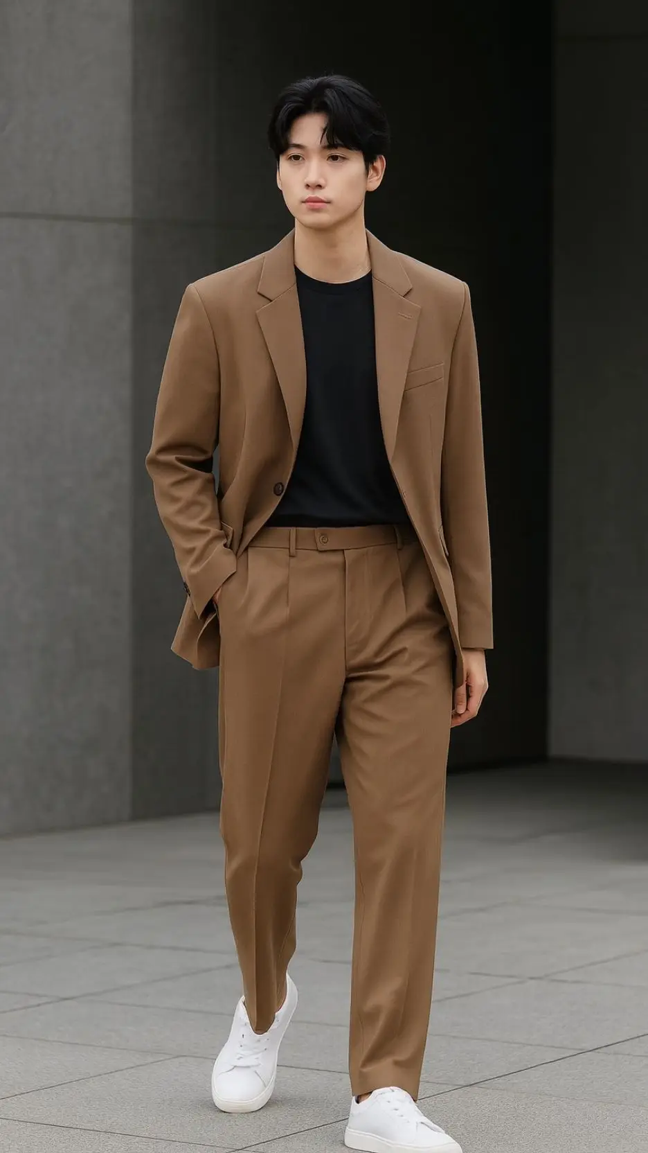 Camel Suit + Black Crew Tee + White Low-Top Sneakers