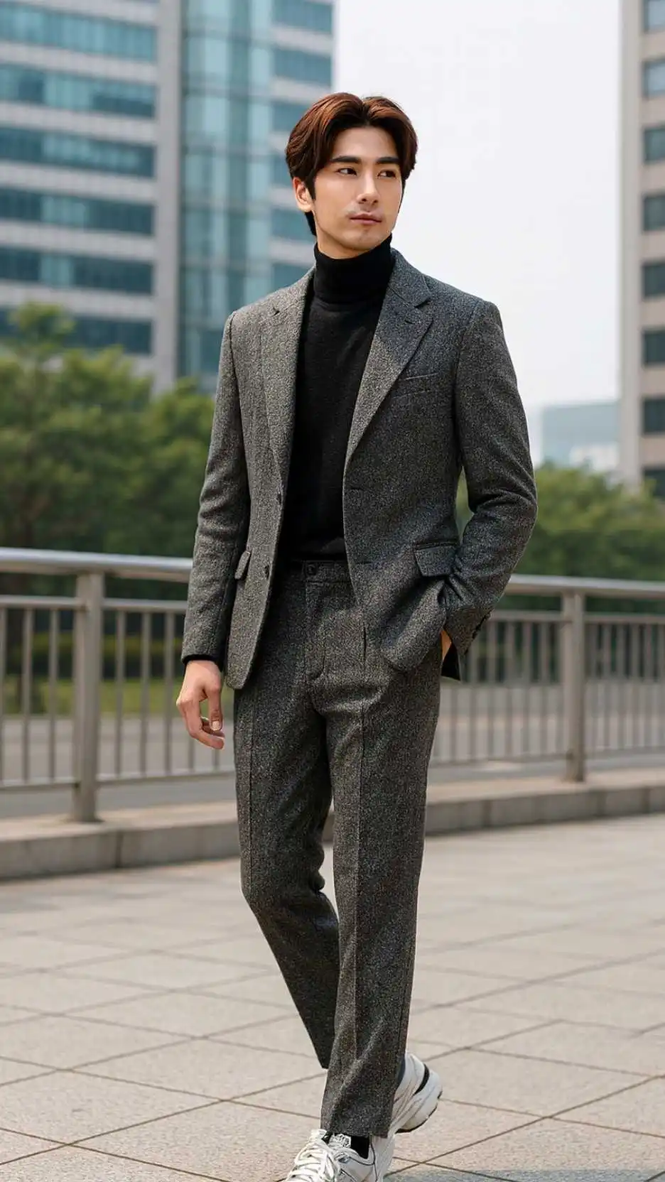 Grey Tweed Suit + Black Shirt + Grey Chunky Running Sneakers