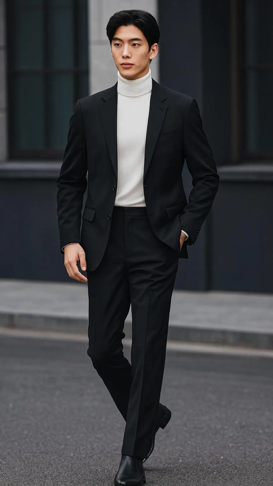 Black Suit + Ivory Turtleneck + Black Chelsea Boots