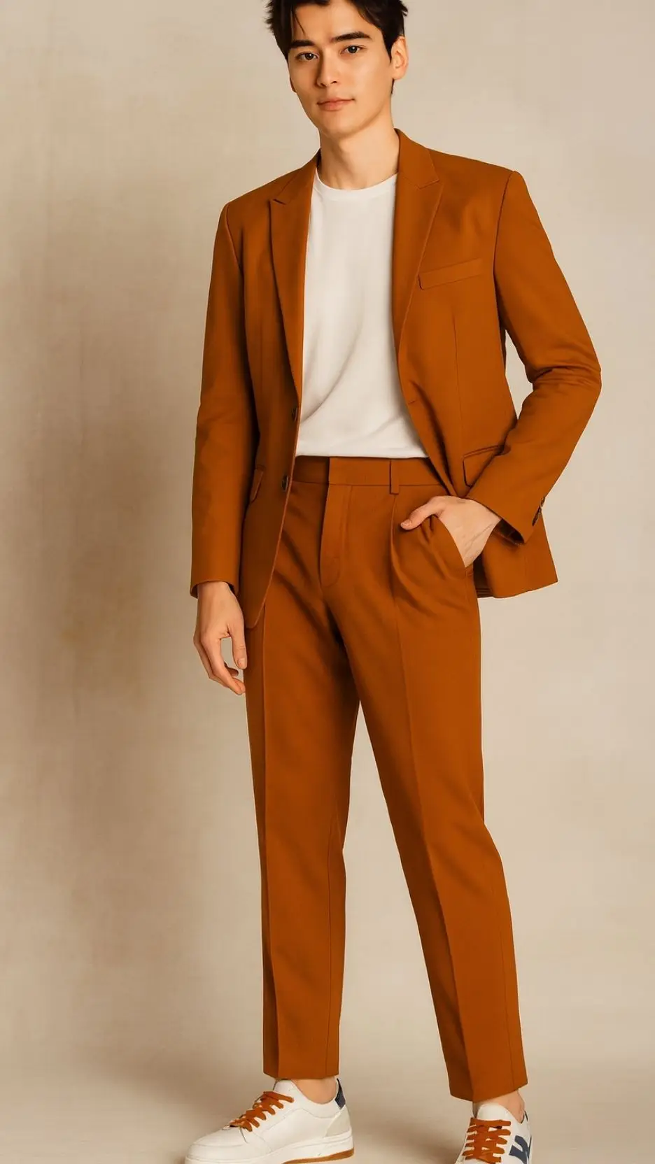 Rust Suit + Off-White Tee + White Retro Sneakers (Blue/Orange Accents)