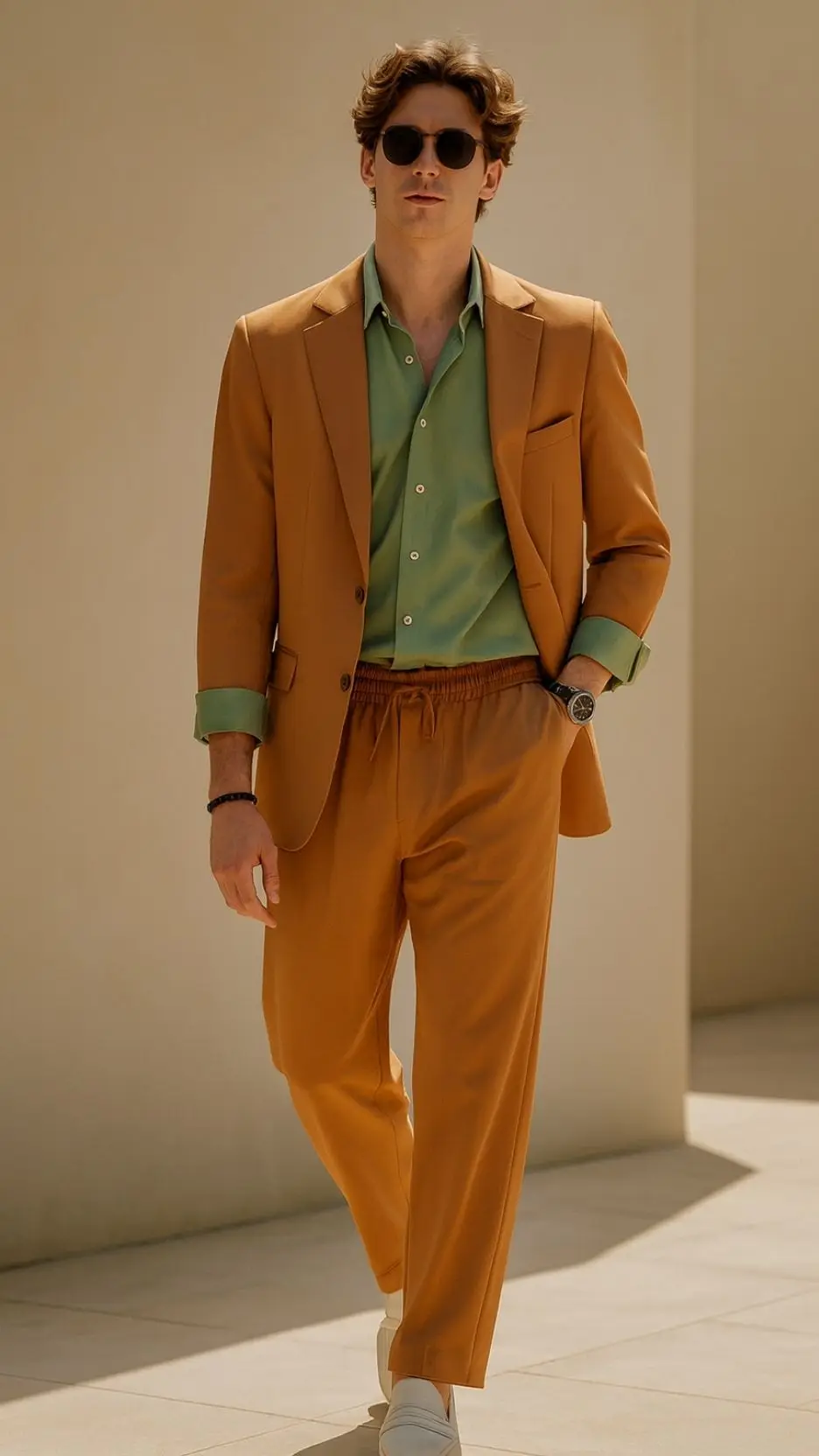 Sand Suit (Drawstring Trousers) + Sage Green Shirt + Cream Penny Loafers + Sunglasses