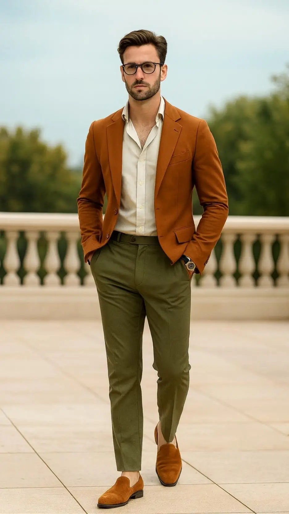 Burnt-Orange Blazer + Cream Spread-Collar Shirt + Olive Slim Trousers + Tan Suede Loafers