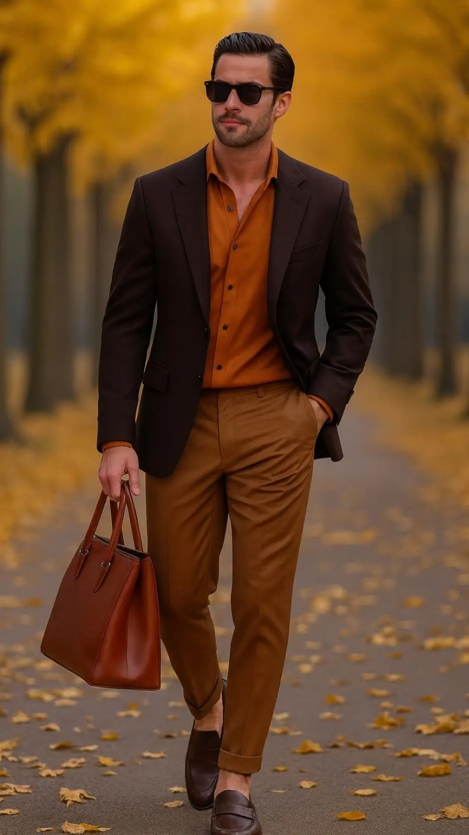 Chocolate Blazer + Pumpkin Oxford Shirt + Camel Chinos + Brown Leather Loafers + Brown Tote