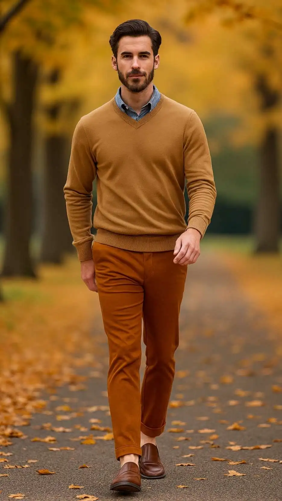 Camel V-Neck Sweater + Blue Chambray Shirt + Rust Trousers + Dark Brown Penny Loafers