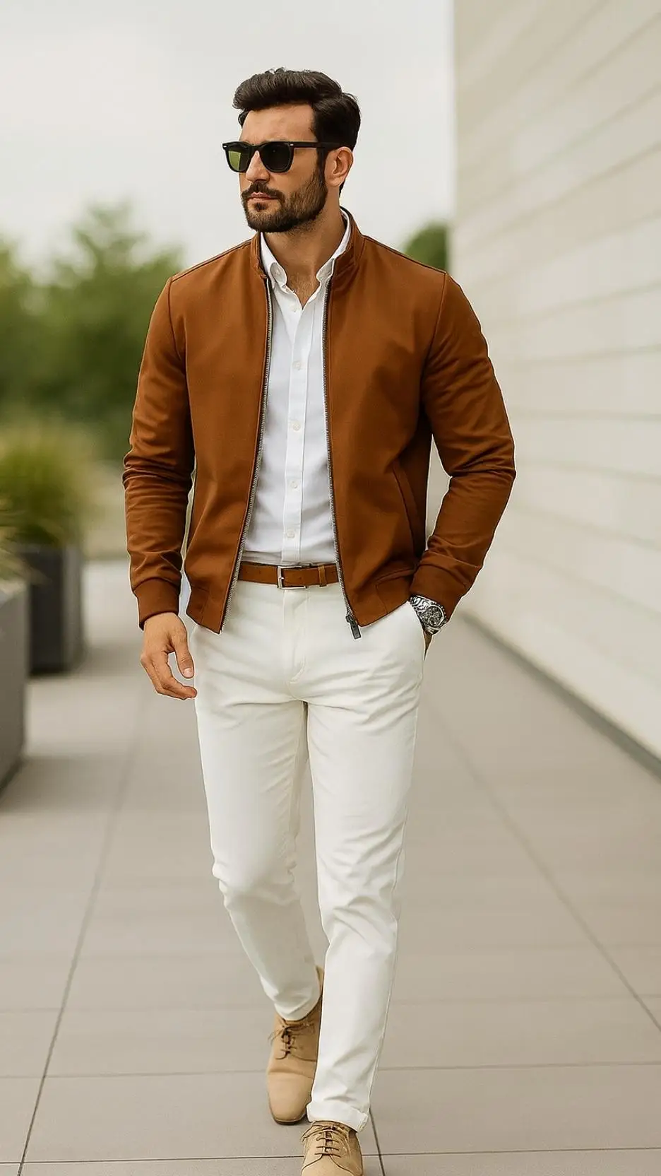 Brown Bomber Jacket + White Oxford Shirt + White Slim Trousers + Tan Derby Shoes + Brown Belt