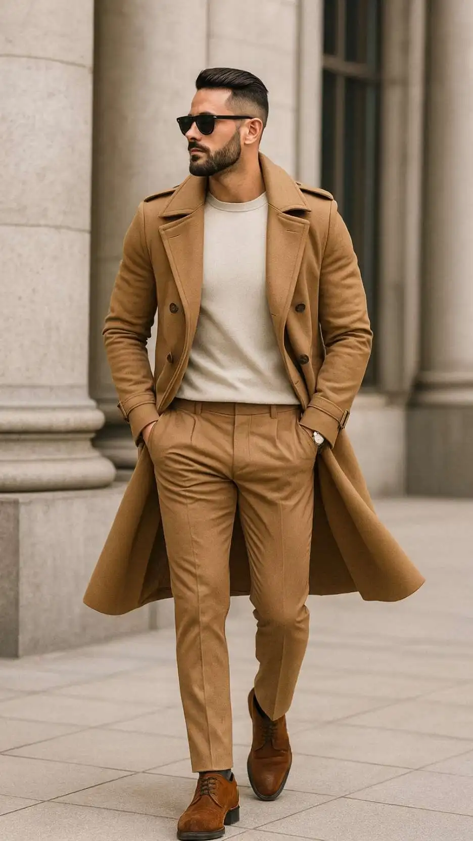 Camel Trench Coat + Cream Crewneck Sweater + Tan Trousers + Dark Brown Derby Shoes + Sunglasses