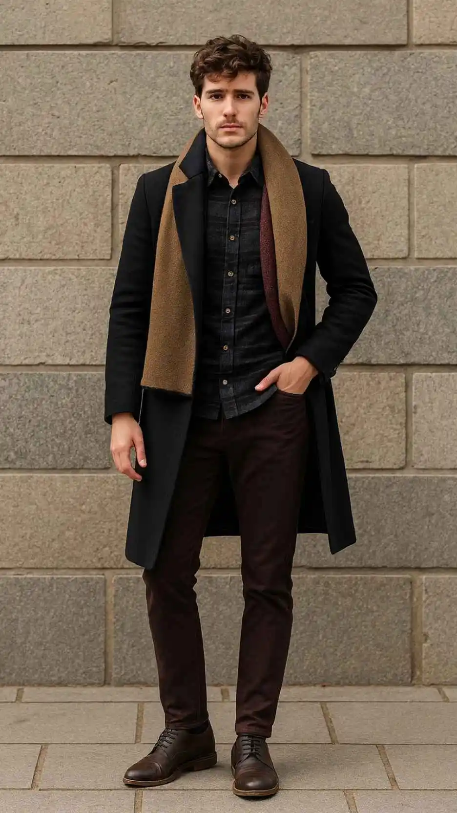 Charcoal Overcoat + Dark Patterned Button-Up Shirt + Deep Brown Slim Trousers + Two-Tone Wool Scarf (Olive/Camel) + Dark Brown Leather Derby Shoes