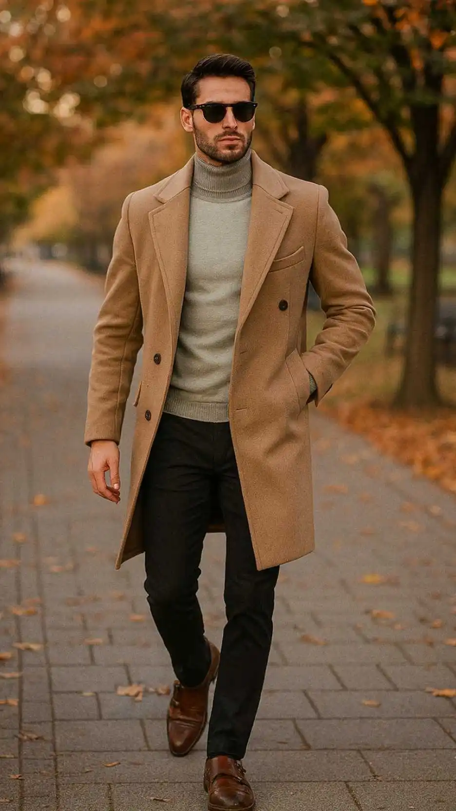 Camel Double-Breasted Coat + Light Beige Turtleneck + Charcoal Slim Trousers + Brown Double-Monk Shoes + Black Sunglasses