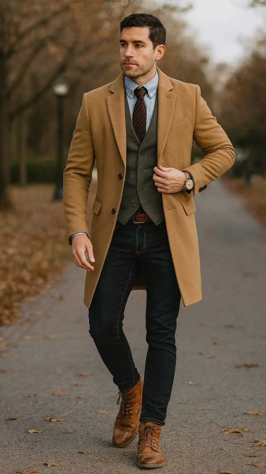 Camel Overcoat + Grey Waistcoat + Light Blue Oxford Shirt + Brown Tie + Dark Indigo Jeans + Chestnut Lace-Up Boots + Brown Belt