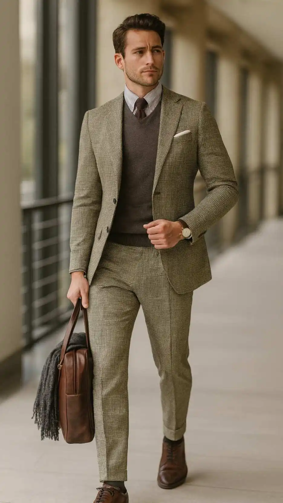 Grey Micro-Check Suit + White/Grey Dress Shirt + Chocolate V-Neck Sweater + Patterned Tie + Brown Leather Oxford Shoes + Brown Leather Brief