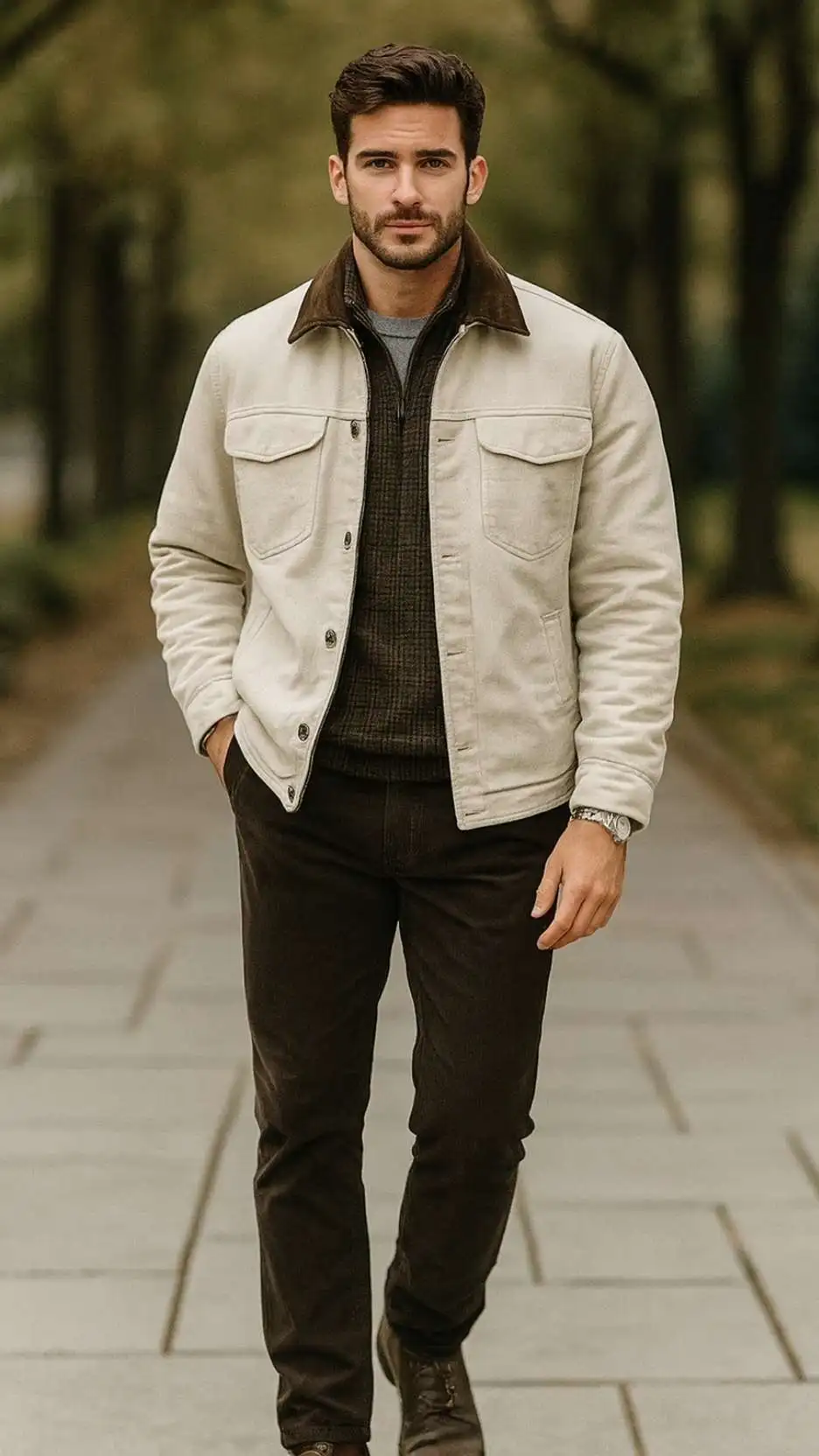 Ecru Chore Jacket (Contrast Collar) + Brown Plaid Wool Sweater + Light Grey Tee + Dark Chocolate Chinos + Brown Leather Work Boots