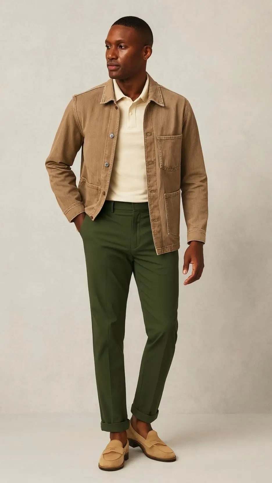 Taupe Denim/Trucker Jacket + Butter-Yellow Polo + Olive Chinos (Cuffed) + Tan Suede Penny Loafers
