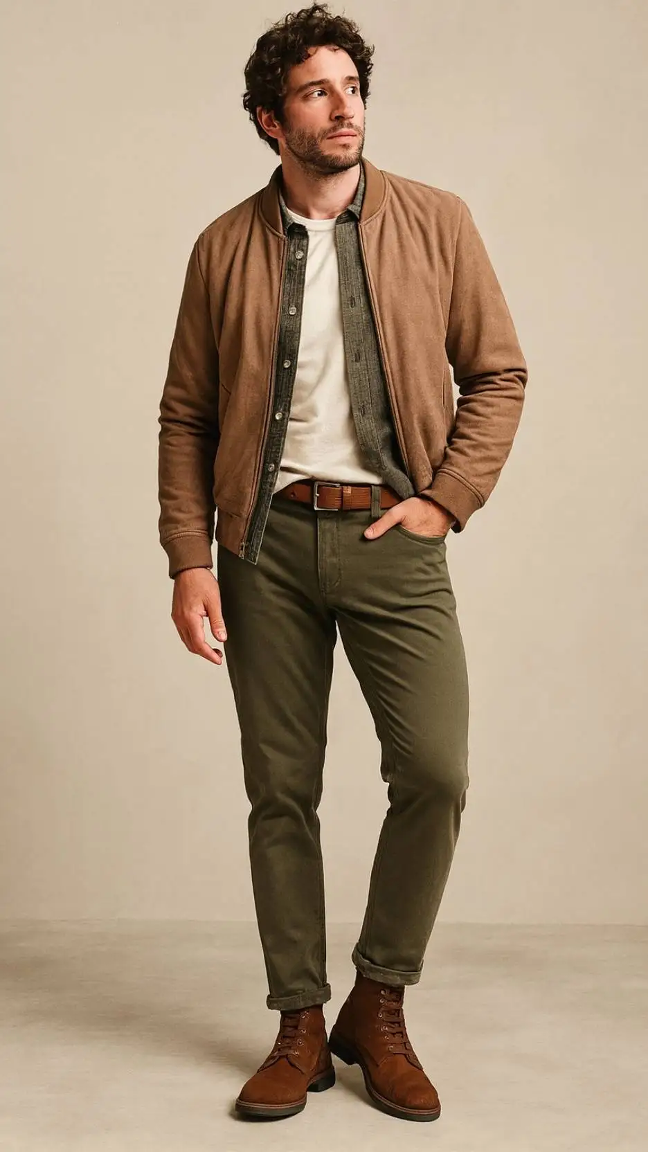 Camel Suede Bomber + Off-White Henley + Olive Overshirt (Mid-Layer) + Olive Chinos (Cropped) + Brown Cap-Toe Boots + Textured Brown Belt