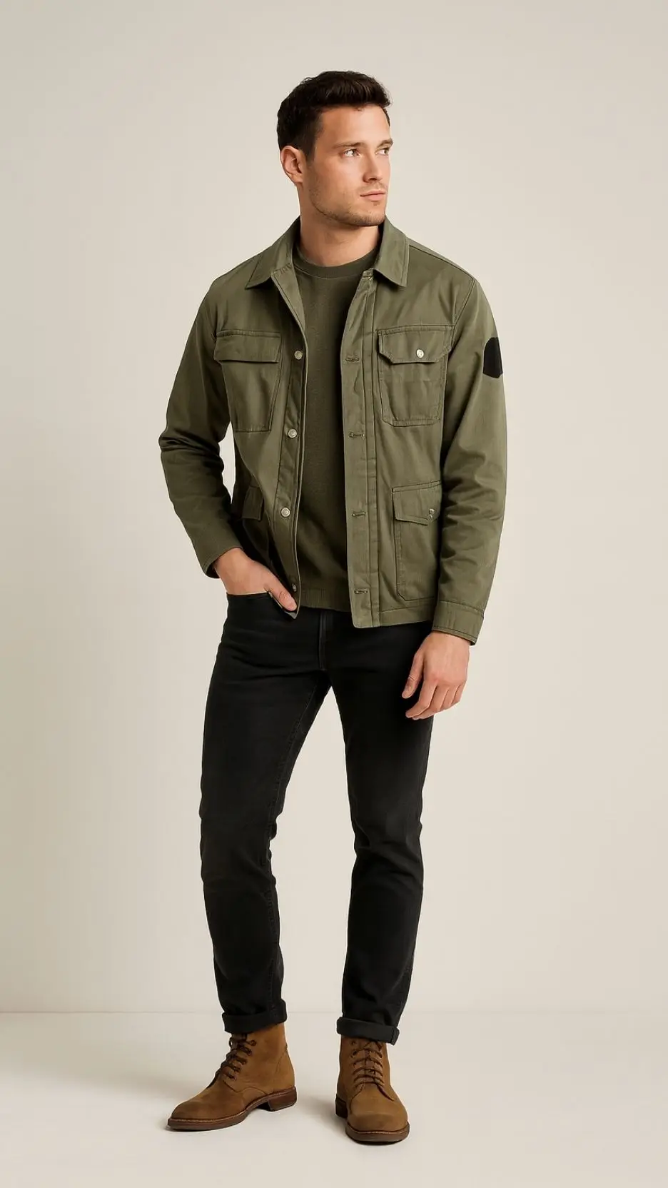 Olive Field Jacket + Black Crew Tee + Black Slim Jeans + Sand Nubuck Combat Boots