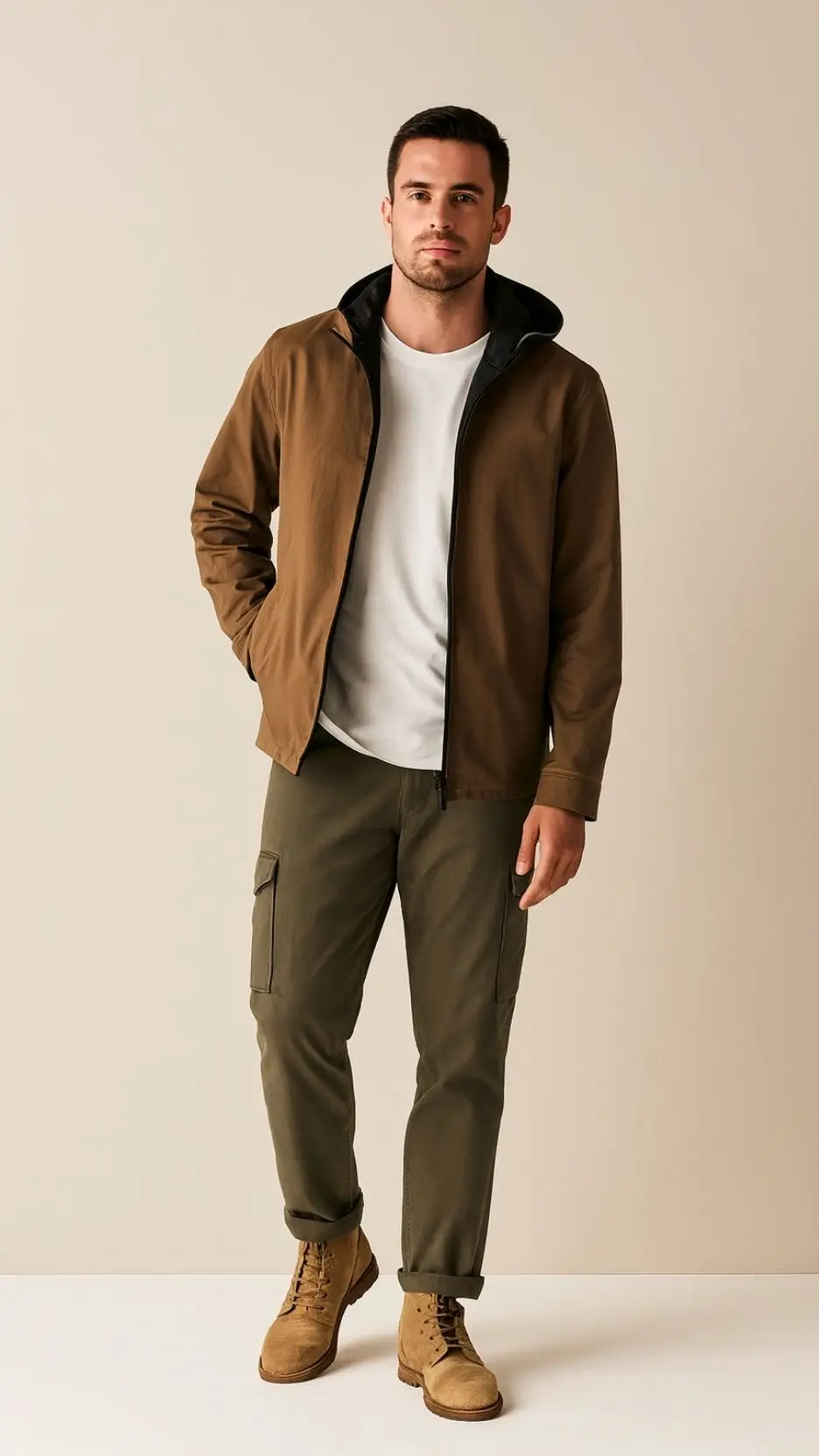 Brown Hooded Shell Jacket + Black Hoodie + White Tee + Olive Cargo Joggers + Sand Combat Boots
