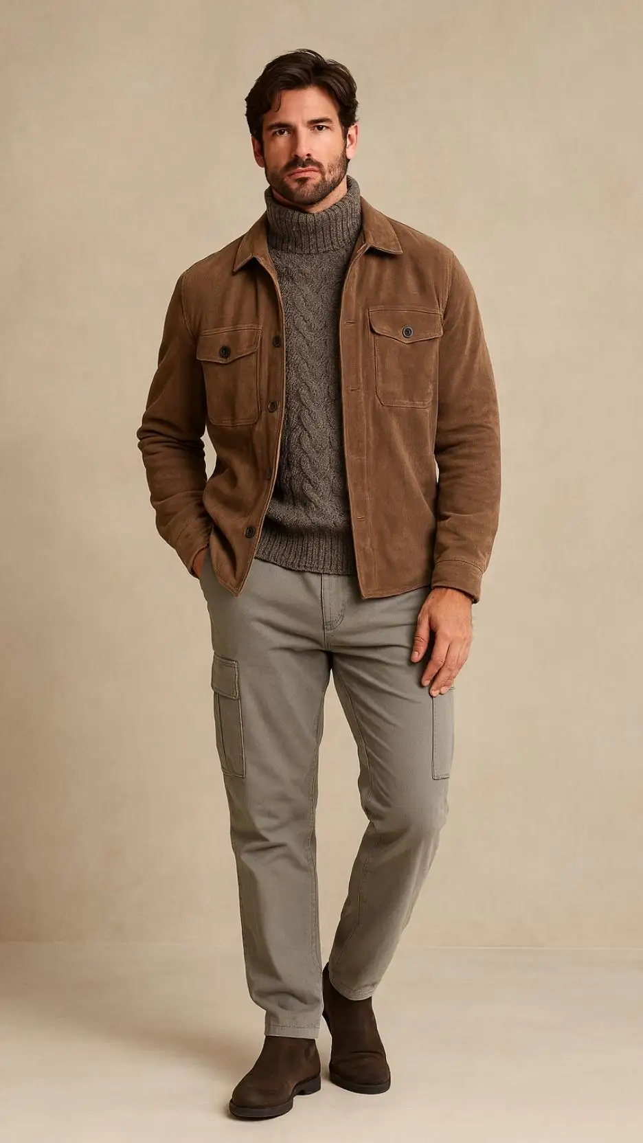 Brown Suede Overshirt + Grey Cable Turtleneck Sweater + Light Grey Cargo Pants + Dark Brown Suede Chelsea Boots
