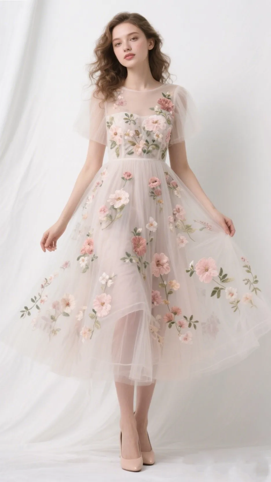 3. The Floral Embroidered Tulle Dress – “Garden Studio Glow”