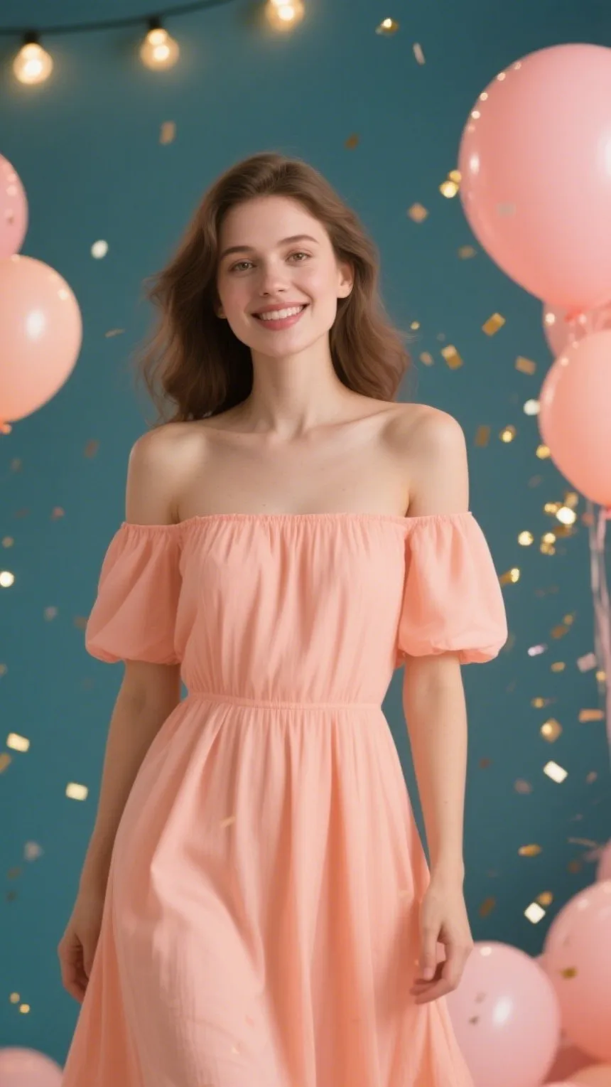10. The Peach Off-Shoulder Dress – “Peachy Glow”
