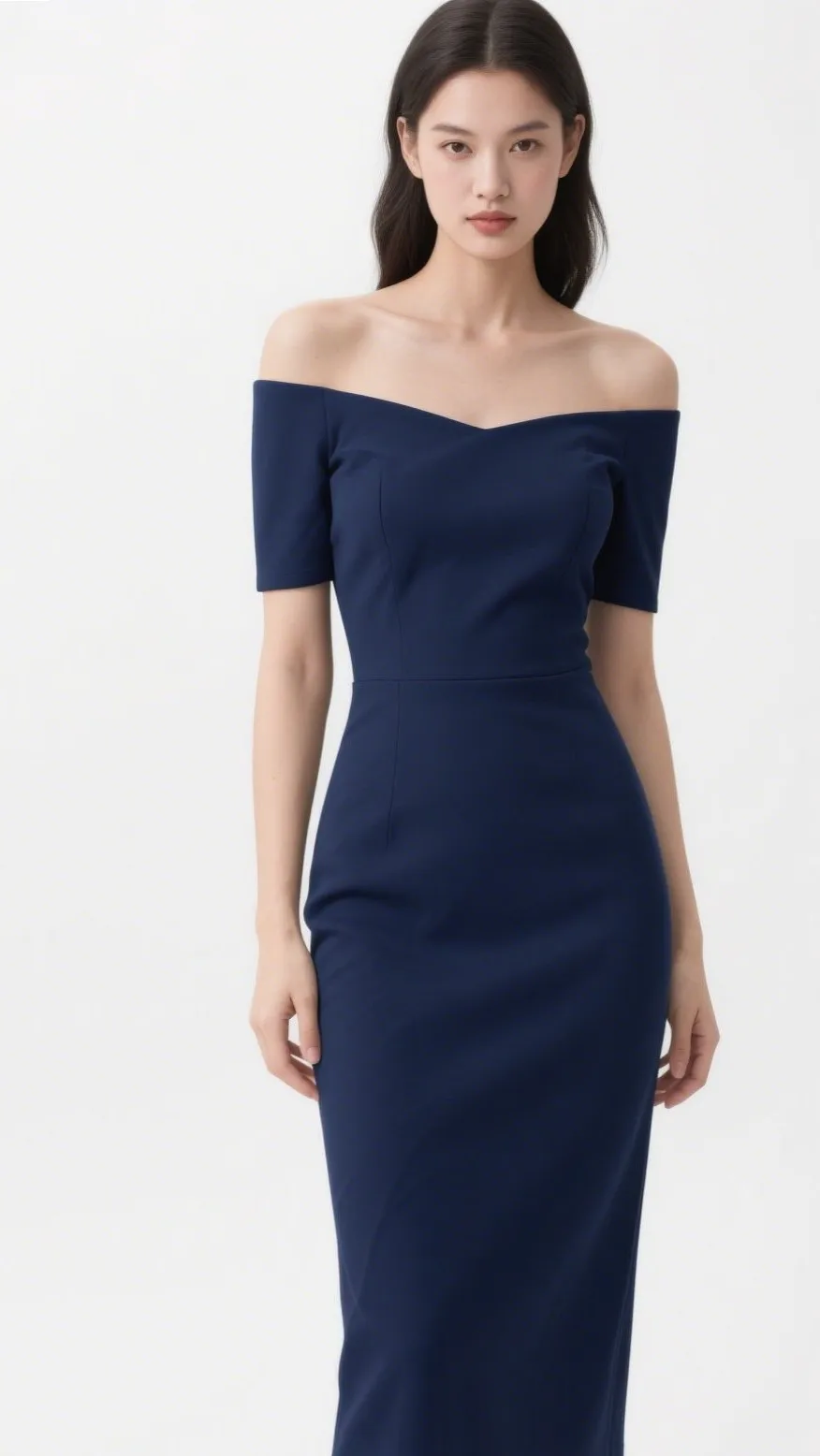6. The Navy Off-Shoulder Dress – “Elegant Simplicity”