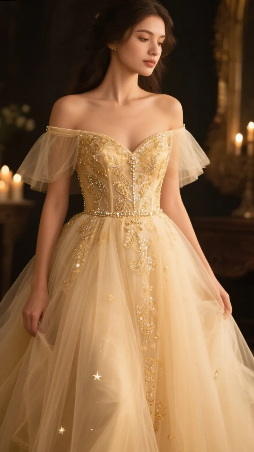 3. The Champagne Gold Tulle Dress – “Golden Fairytale”
