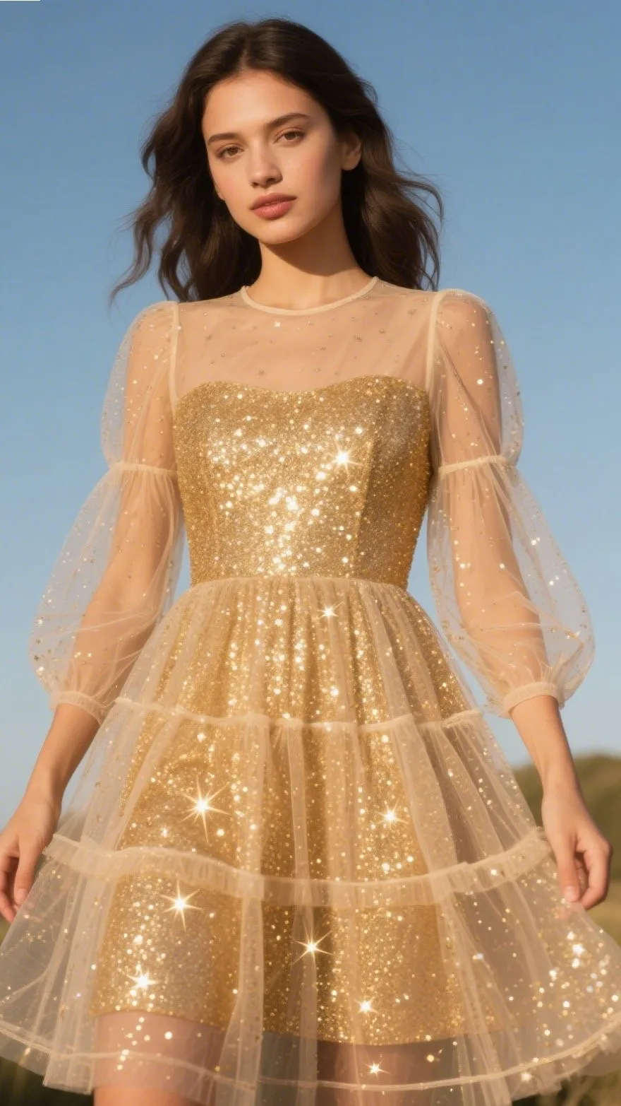8. The Glittering Gold Mesh Dress – “Golden Stardust”