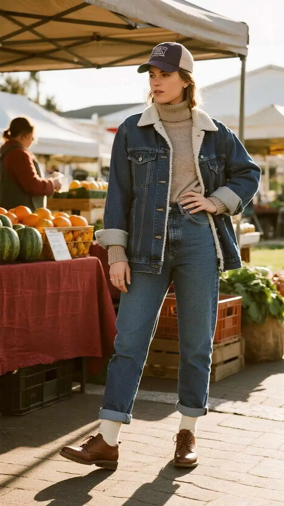 Baseball Cap + Denim Chore Coat + Ribbed Turtleneck + Relaxed Tapered Jeans + Cushioned Crew Socks + Retro Leather Sneakers