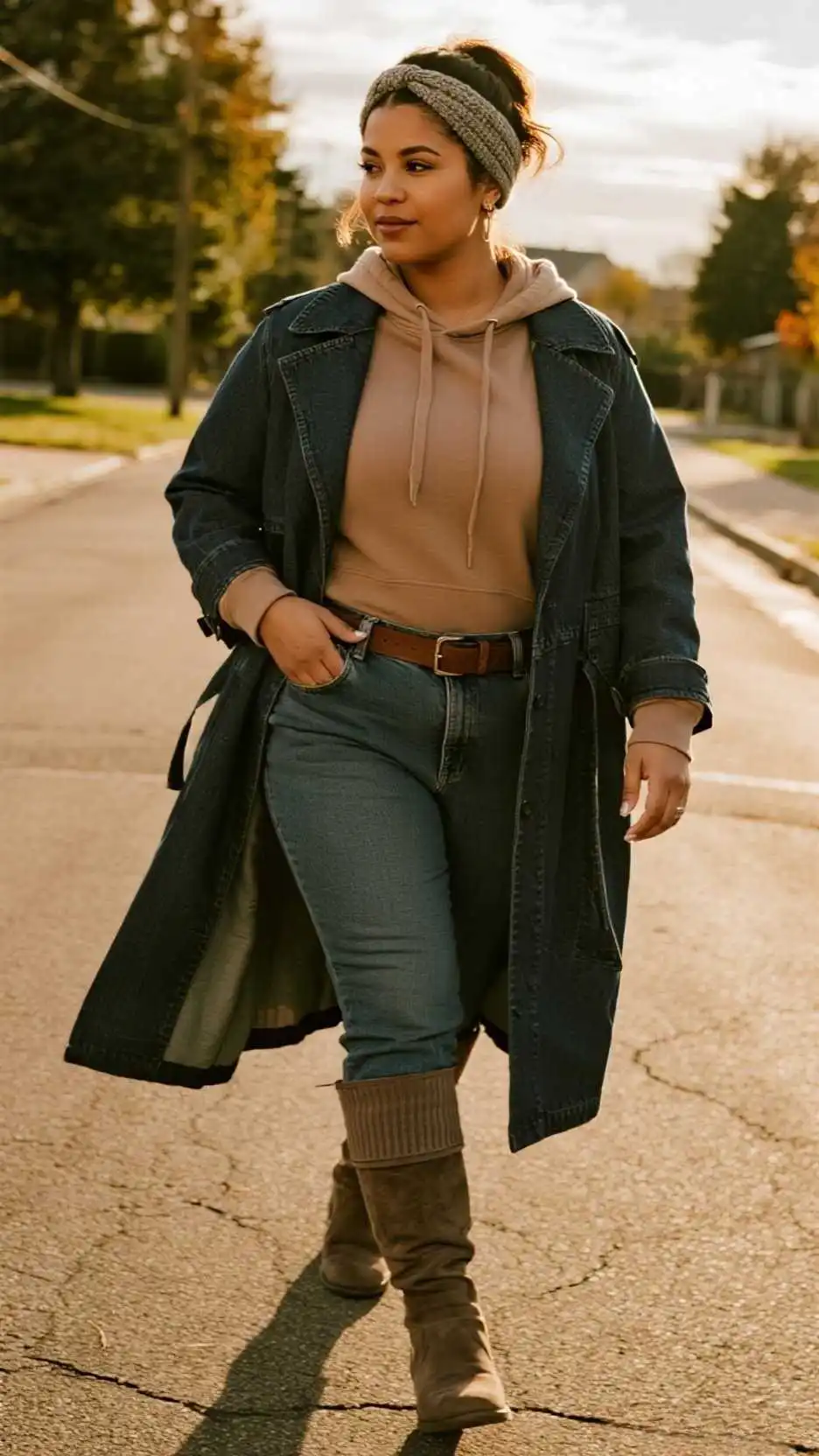 Knit Headband + Longline Belted Denim Trench + Hoodie + Sculpting Skinny Jeans + Ribbed Socks + Knee-High Boots