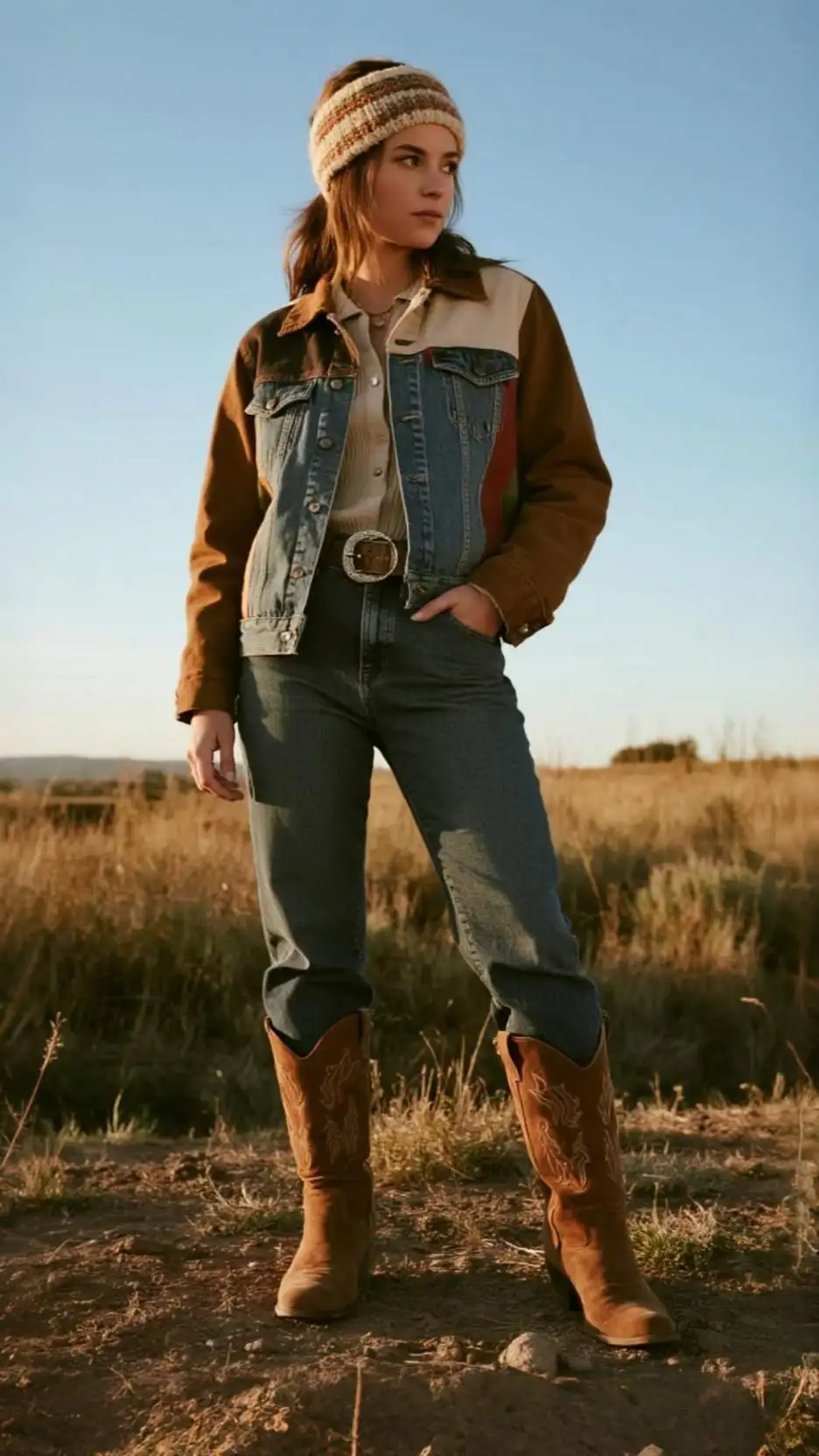 Ear Warmer + Patchwork Denim Shacket + Thermal Henley + Classic Bootcut Jeans + Western Belt + Suede Western Ankle Boots