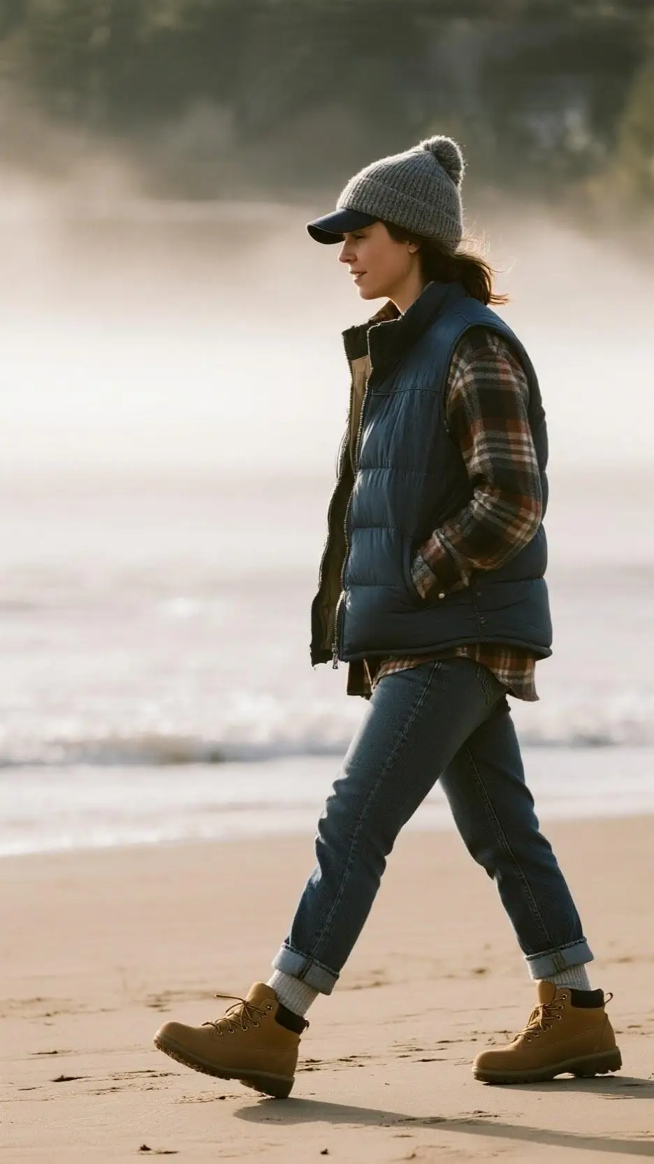 Wool Baseball Cap + Puffer-Lined Denim Vest + Flannel Shirt + Straight Crop Jeans + Cushioned Hikers + Merino Socks