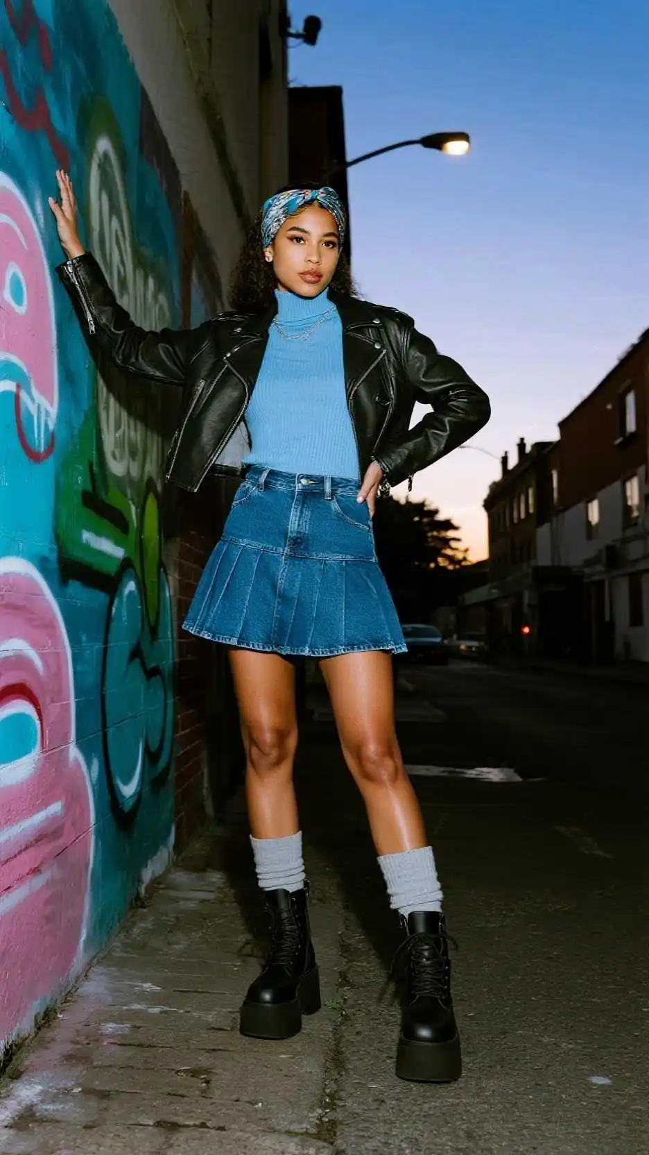 Silk Scarf Headwrap + Cropped Denim Moto Jacket + Ribbed Mock-Neck + Pleated Denim Mini Skirt + Over-the-Knee Socks + Platform Combat Boots