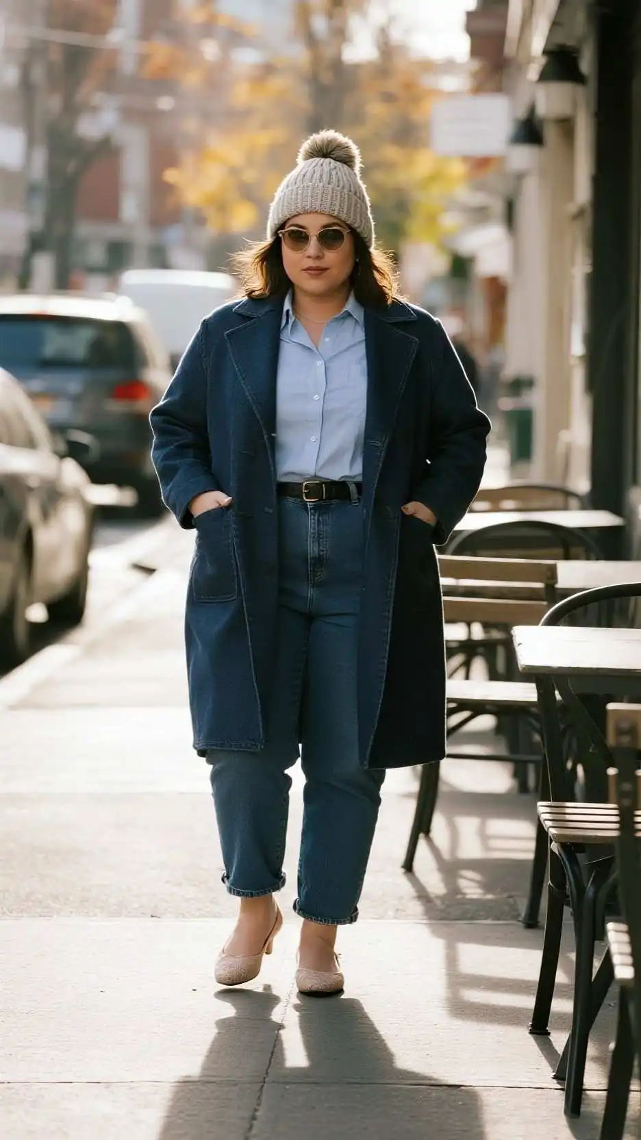 Cable-Knit Beanie + Denim Duster Coat + Oversized Poplin Shirt + Barrel-Leg Jeans + Sleek Ballet Flats