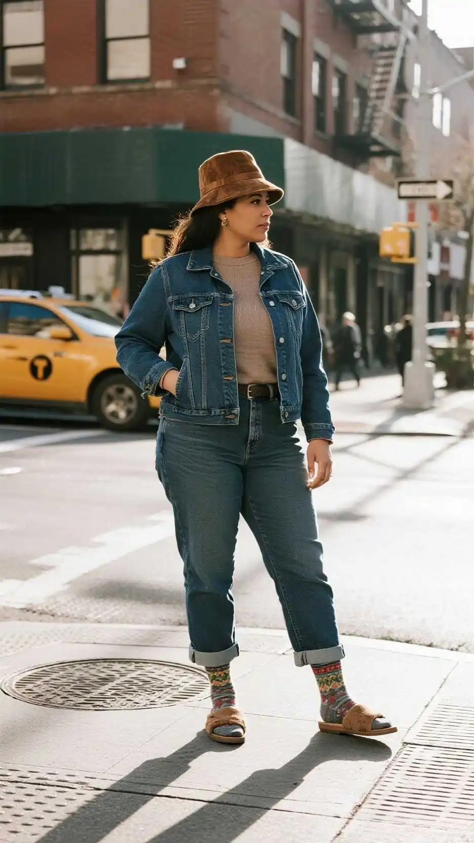 Corduroy Bucket Hat + Indigo Denim Bomber + Merino Crewneck + Raw-Hem Straight Jeans + Patterned Socks + Low-Heel Mules