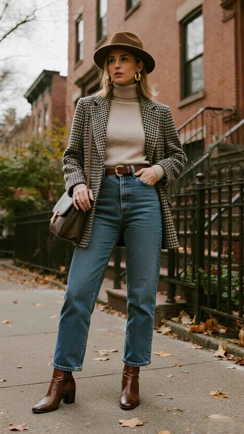 Felt Fedora + Houndstooth Wool Blazer + Merino Turtleneck + High-Rise Straight Jeans + Leather Belt + Merino Socks + Leather Chelsea Boots + Structured Tote + Gold Hoops