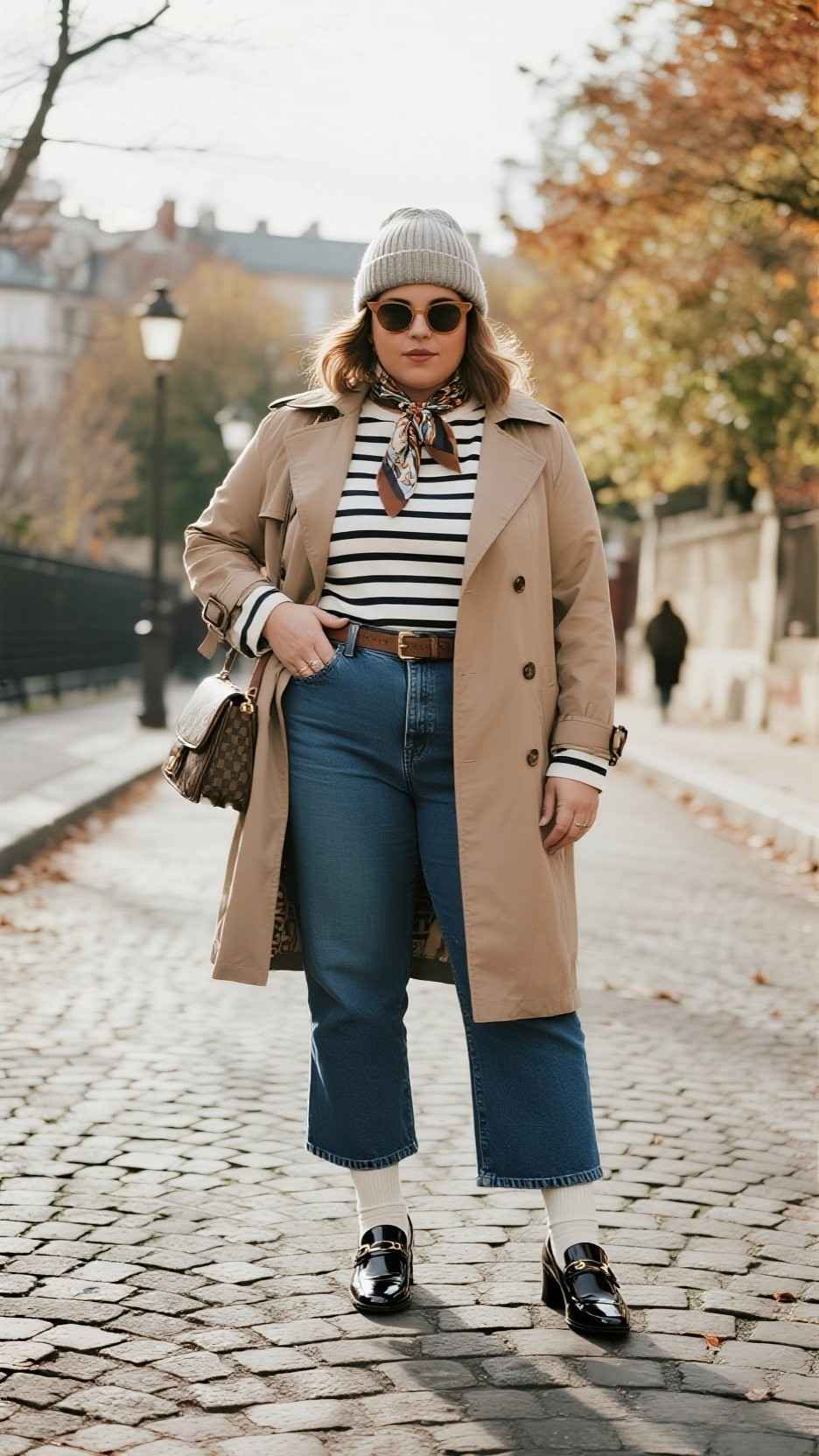 Rib Beanie + Oversized Trench Coat + Breton Stripe Long-Sleeve + Cropped Flare Jeans + Cotton Socks + Patent Block-Heel Mary Janes + Crossbody Satchel + Silk Neck Scarf + Tortoiseshell Sunglasses