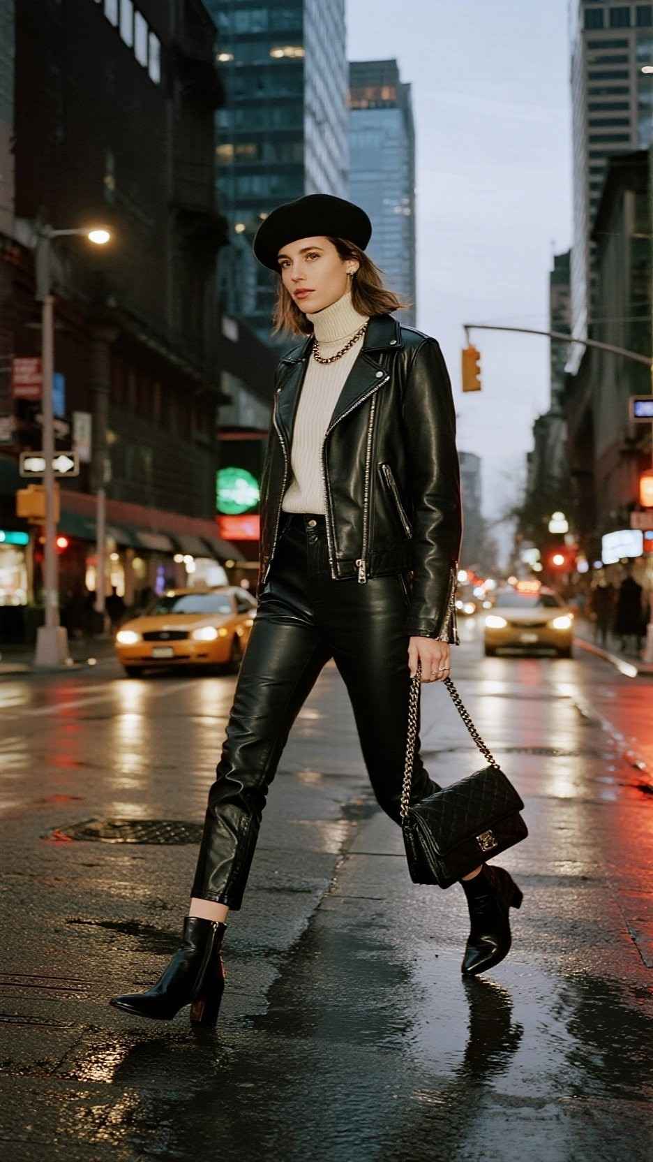 Beret + Cropped Leather Moto Jacket + Mock-Neck Rib Knit + Black Coated Skinny Jeans + Ankle Socks + Pointed Toe Ankle Boots + Top-Handle Bag + Layered Chain Necklace
