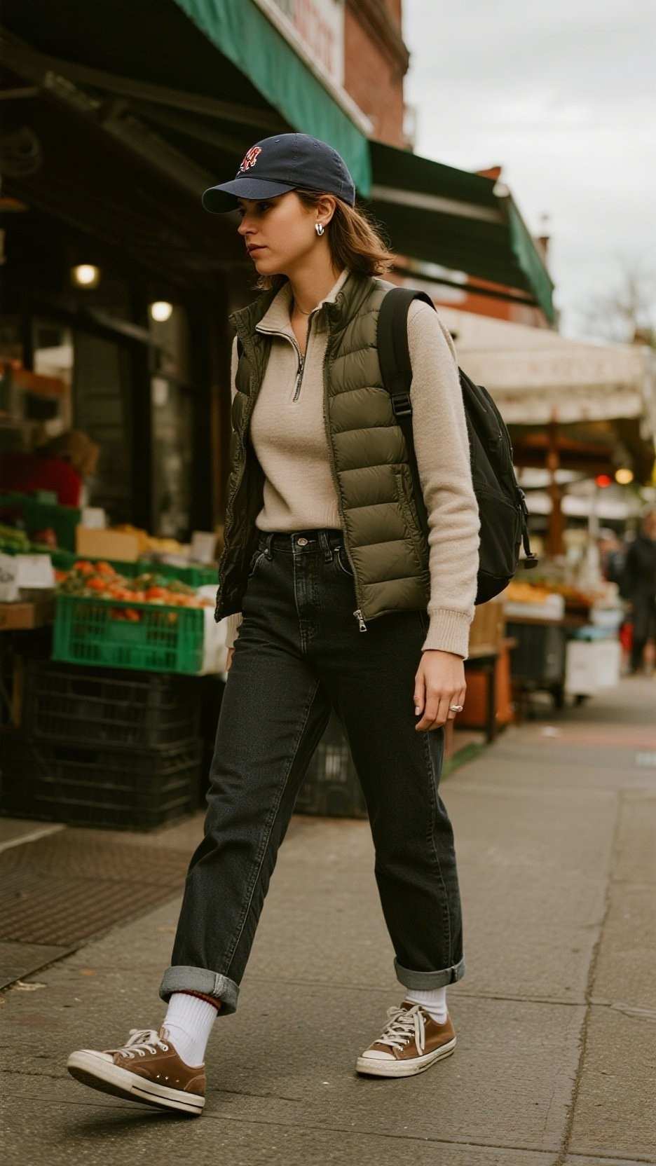 Baseball Cap + Quilted Liner Jacket + Half-Zip Fleece + Relaxed Barrel Jeans + Crew Socks + Retro Sneakers + Backpack + Silver Huggies
