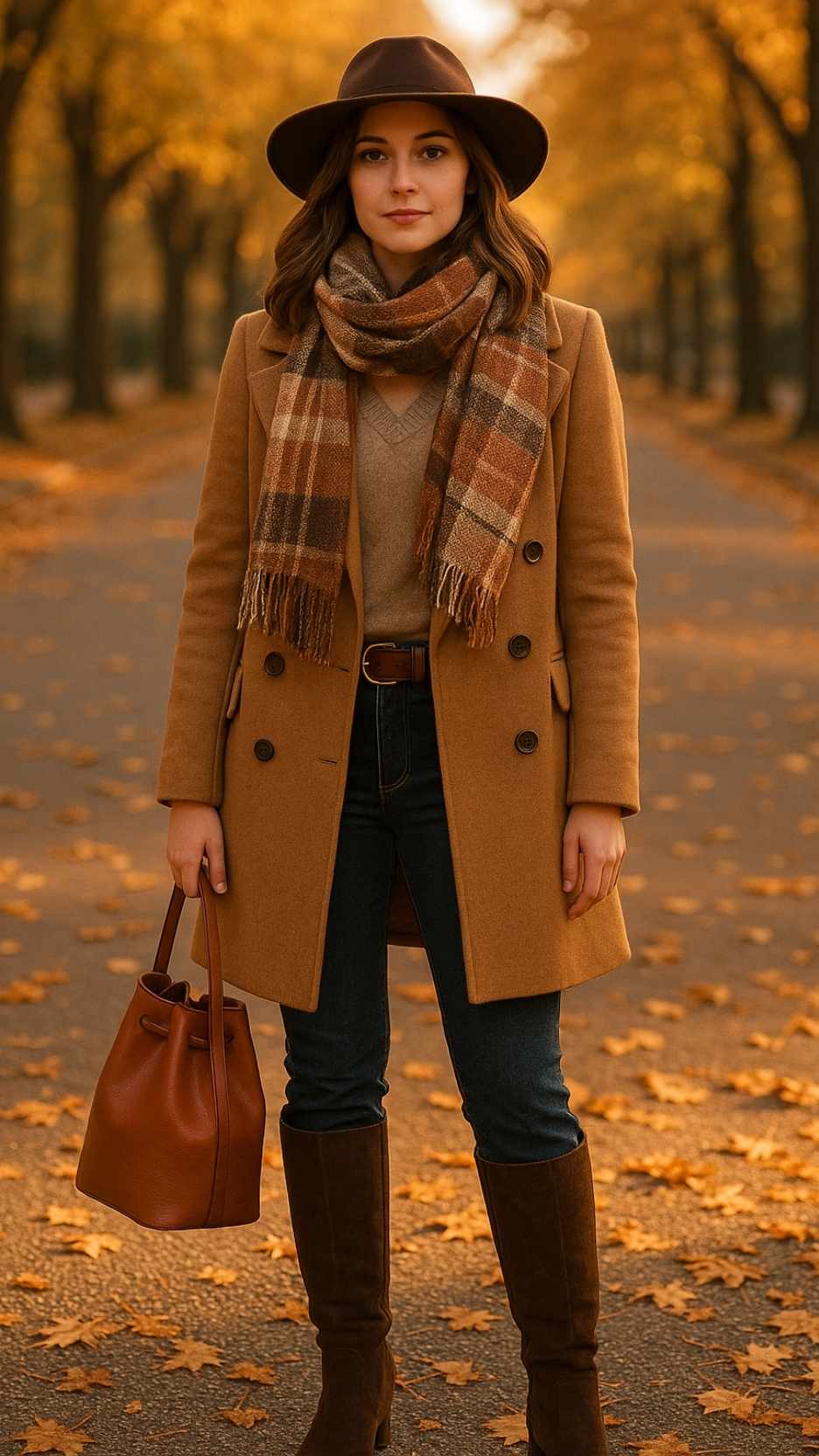 Wide-Brim Wool Hat + Double-Breasted Camel Coat + Cashmere V-Neck + Dark Bootcut Jeans + Thermal Socks + Knee-High Suede Boots + Leather Belt + Bucket Bag + Plaid Blanket Scarf