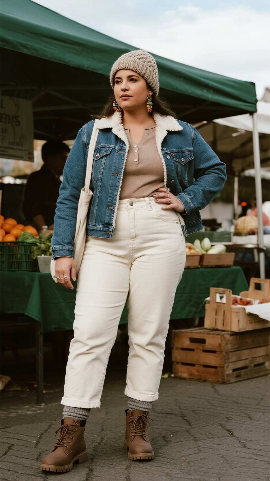 Cable-Knit Beanie + Denim Trucker Jacket (Shearling-Lined) + Thermal Henley + Off-White Straight Jeans + Wool Socks + Lug-Sole Combat Boots + Canvas Tote + Beaded Earrings