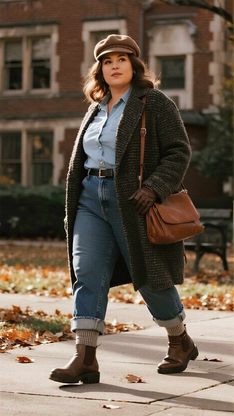 Newsboy Cap + Longline Cardigan Coat + Oxford Shirt + Raw Hem Mom Jeans + Ribbed Socks + Platform Ankle Boots + Satchel + Leather Gloves