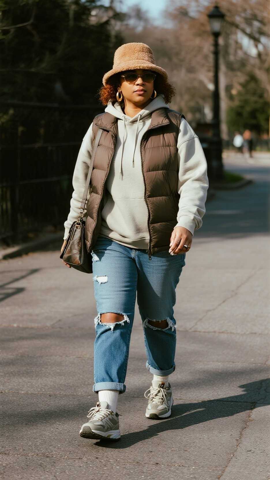 Felt Bucket Hat + Puffer Vest + Hooded Sweatshirt + Distressed Boyfriend Jeans + Ankle Socks + Trail Runners + Belt Bag + Hoop Earrings