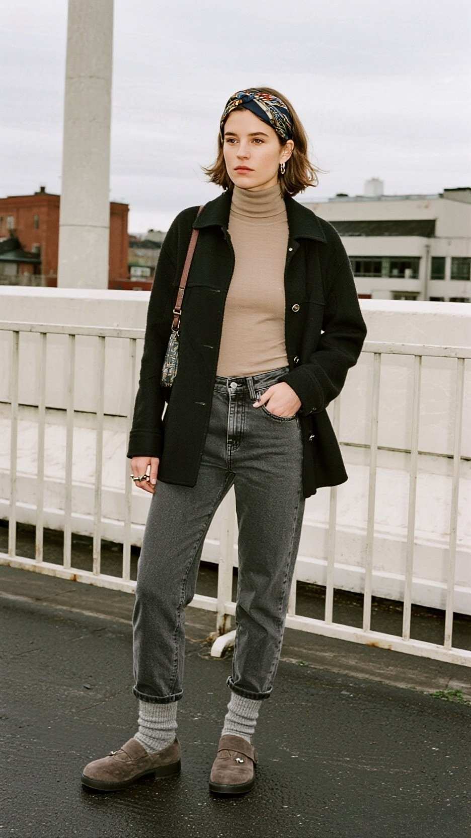 Silk Scarf (Head-Tie) + Wool Shacket + Turtleneck Bodysuit + Grey Straight Jeans + Wool Socks + Chunky Clogs + Crossbody Camera Bag + Stud Earrings