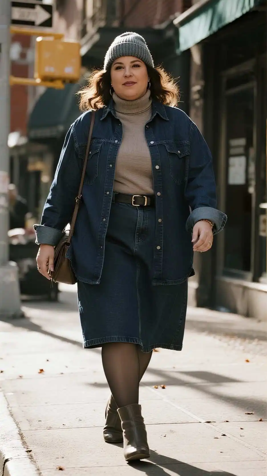 Ribbed Beanie + Oversized Denim Shirt-Jacket + Ribbed Turtleneck + Denim Midi Skirt + Opaque Tights + Block-Heel Knee Boots + Wide Belt + Shoulder Bag