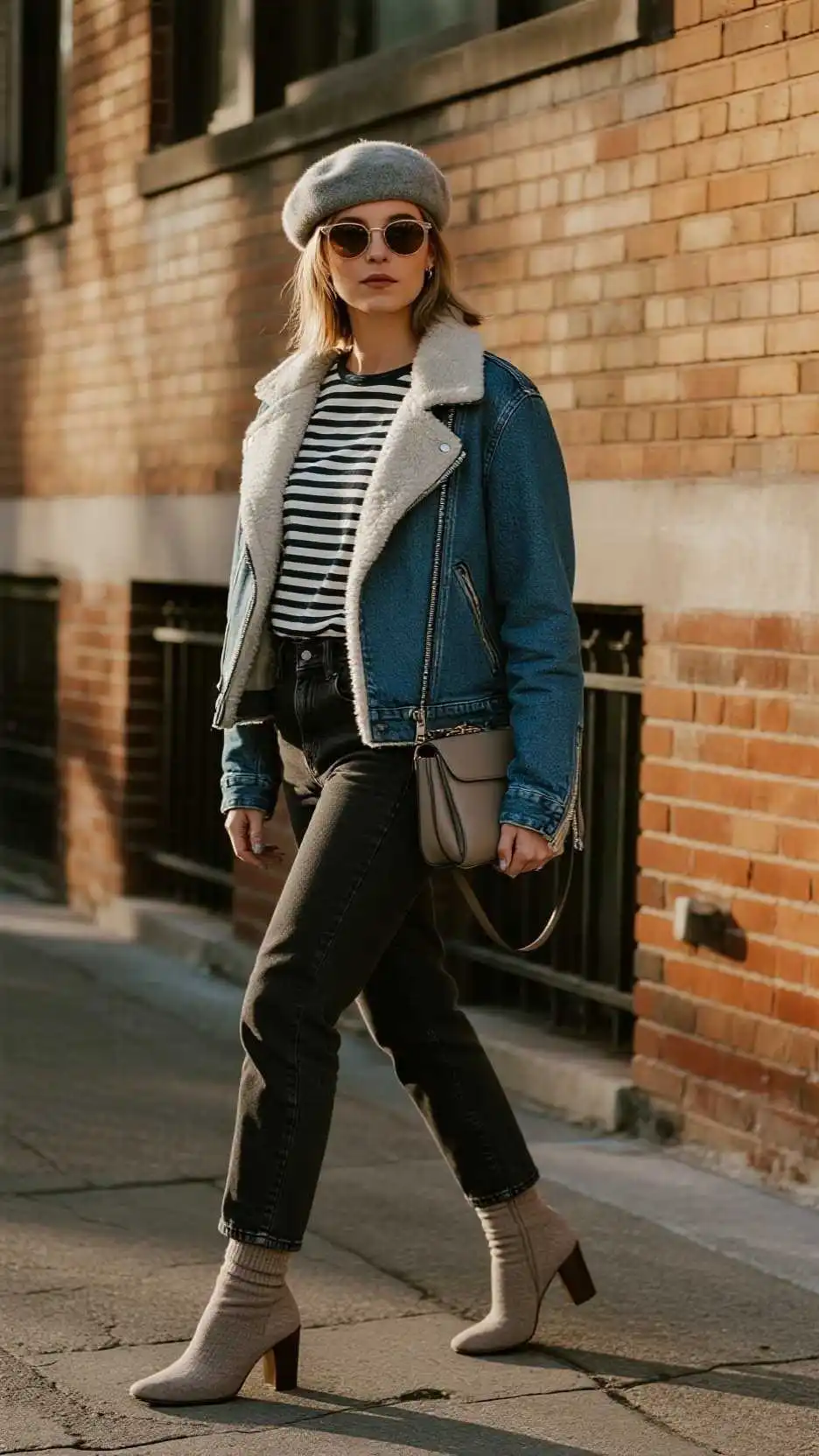 Wool Beret + Denim Moto Jacket + Breton Stripe Tee + Dark Skinny Jeans + Cashmere Socks + Block-Heel Ankle Boots + Compact Satchel