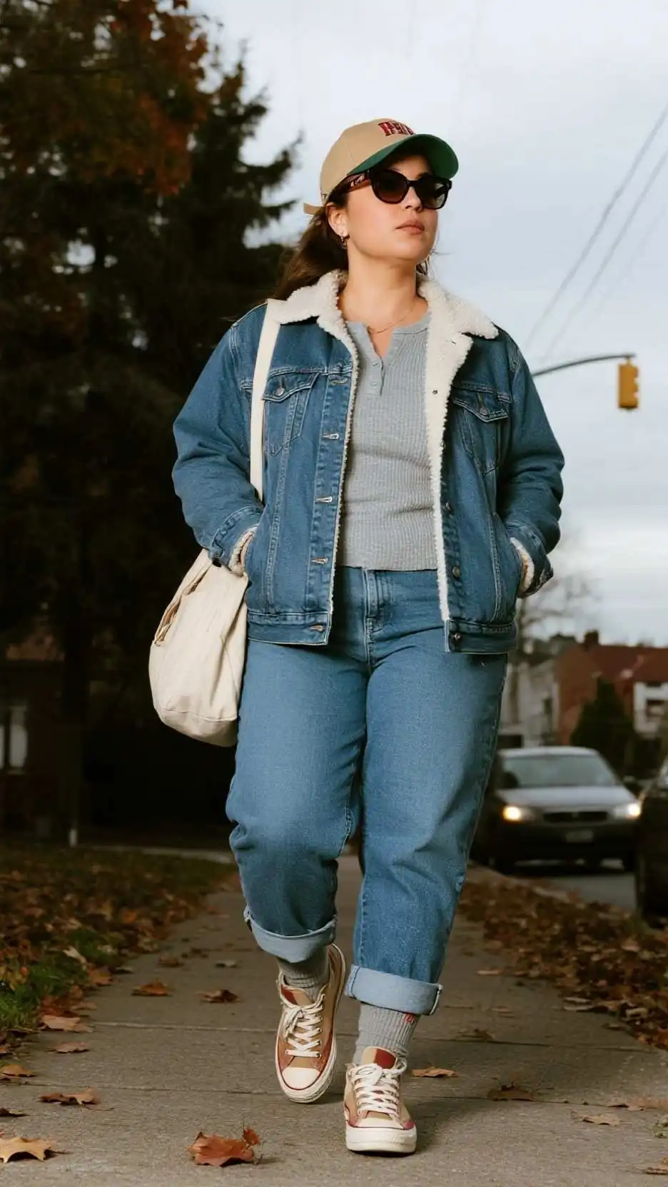 Baseball Cap + Sherpa-Lined Denim Trucker + Waffle-Knit Henley + Relaxed Dad Jeans + Thermal Socks + Retro Sneakers + Canvas Tote + Aviators