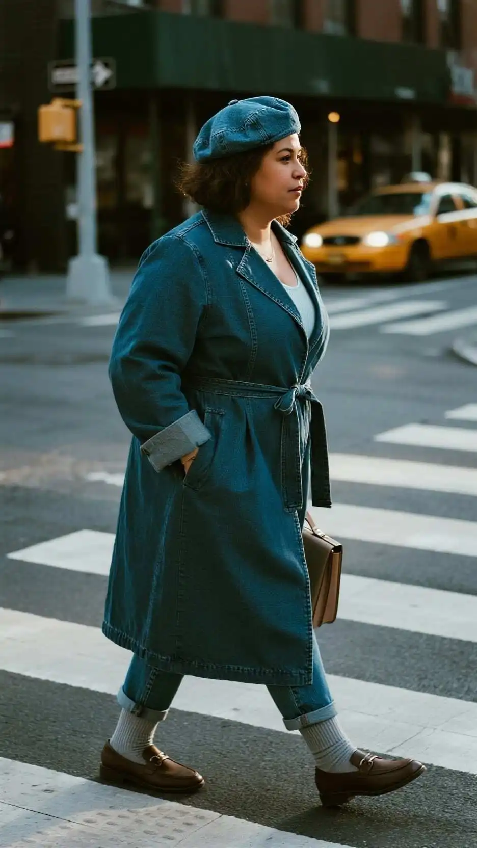 Denim Newsboy Cap + Belted Denim Trench + Lightweight Mockneck + Wide-Leg Jeans + Ribbed Socks + Platform Loafers + Mini Briefcase