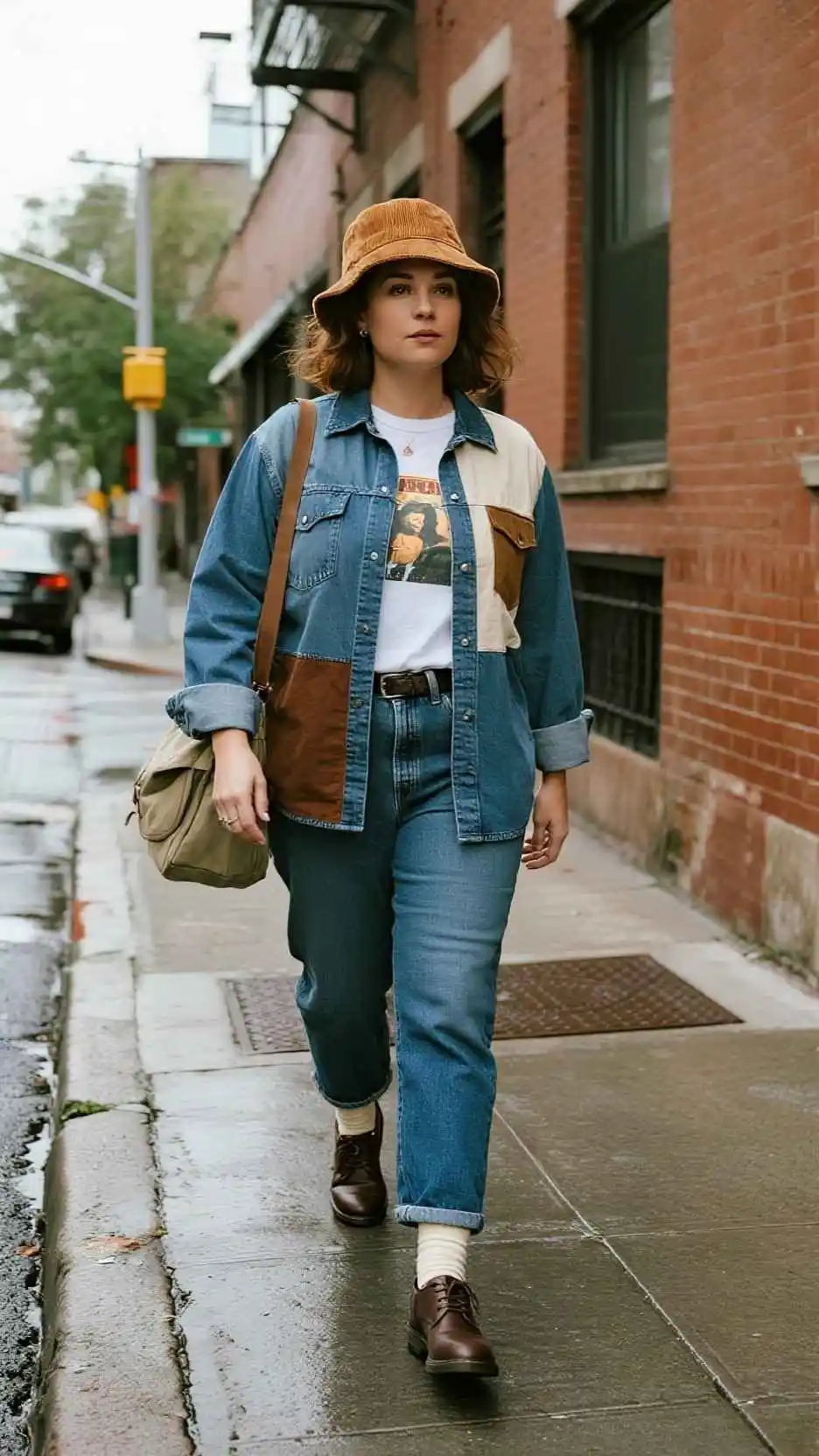 Corduroy Bucket Hat + Patchwork Denim Overshirt + Graphic Tee + Barrel Jeans + Crew Socks + Lug-Sole Derby Shoes + Canvas Messenger