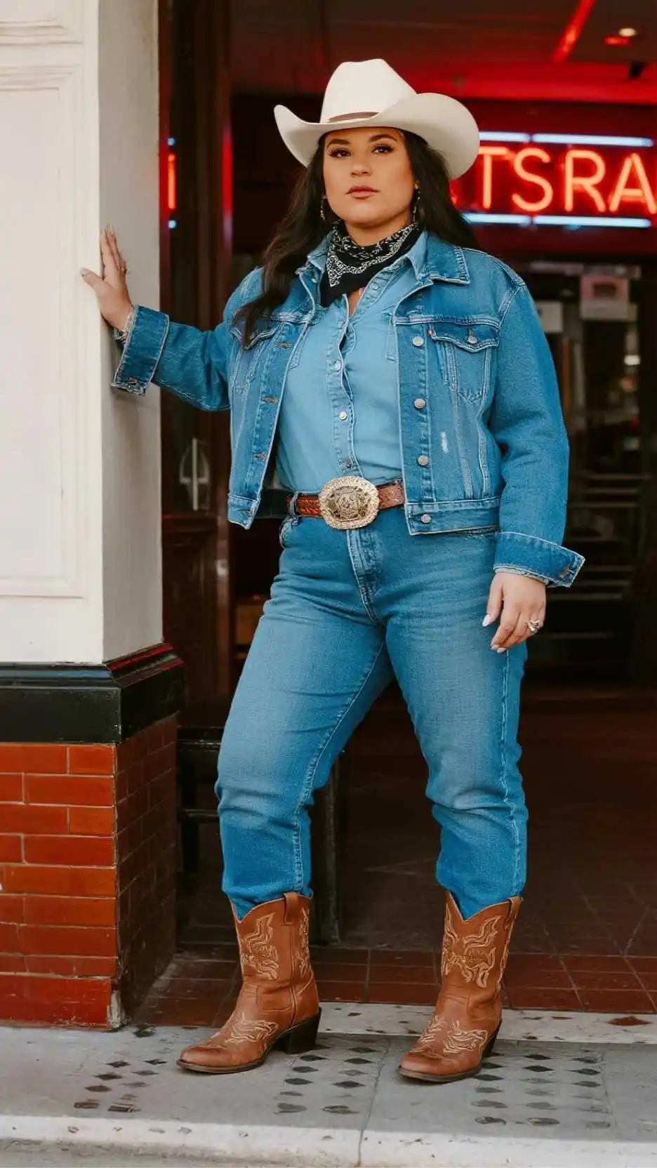 Felt Cowboy Hat + Western Denim Jacket + Snap-Front Denim Shirt + Bootcut Jeans + Boot Socks + Western Boots + Bandana