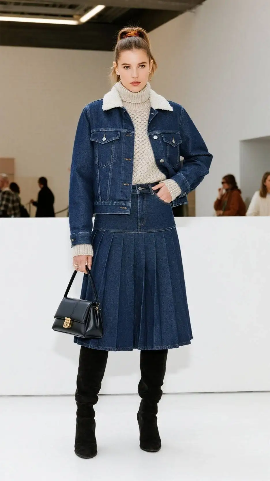Satin Scrunchie Ponytail + Indigo Denim Chore Coat + Cable-Knit Sweater + Pleated Denim Midi Skirt + Opaque Tights + Knee-High Tall Boots + Structured Tote